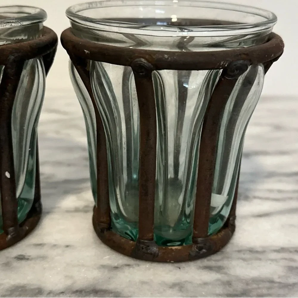 Rustic caged bubble Glass votive Candle Holders vintage brutalist
